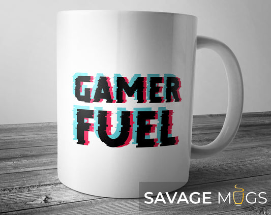White ceramic mug with Gamer Fuel glitch-style gaming design