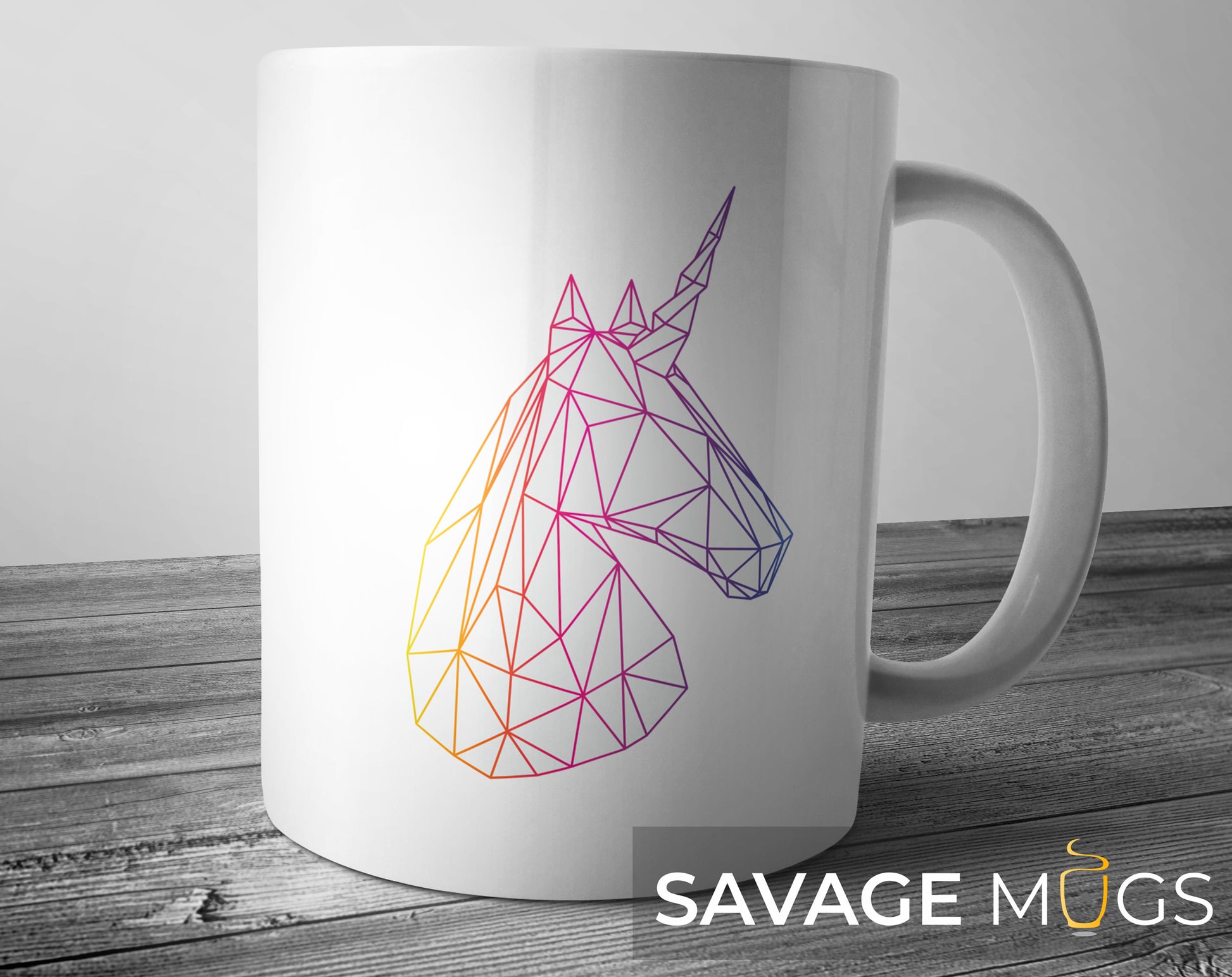 White ceramic mug with colourful geometric unicorn line art design