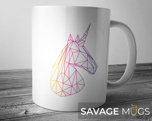 White ceramic mug with colourful geometric unicorn line art design