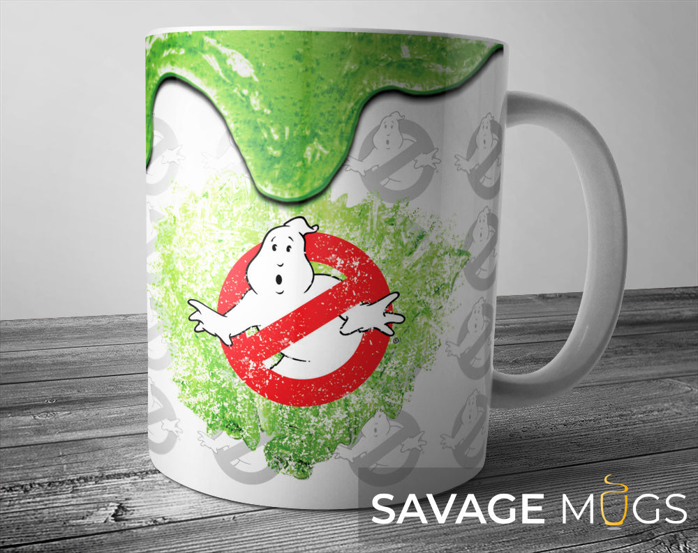 White ceramic mug with ghost hunter inspired symbol and green slime splash design