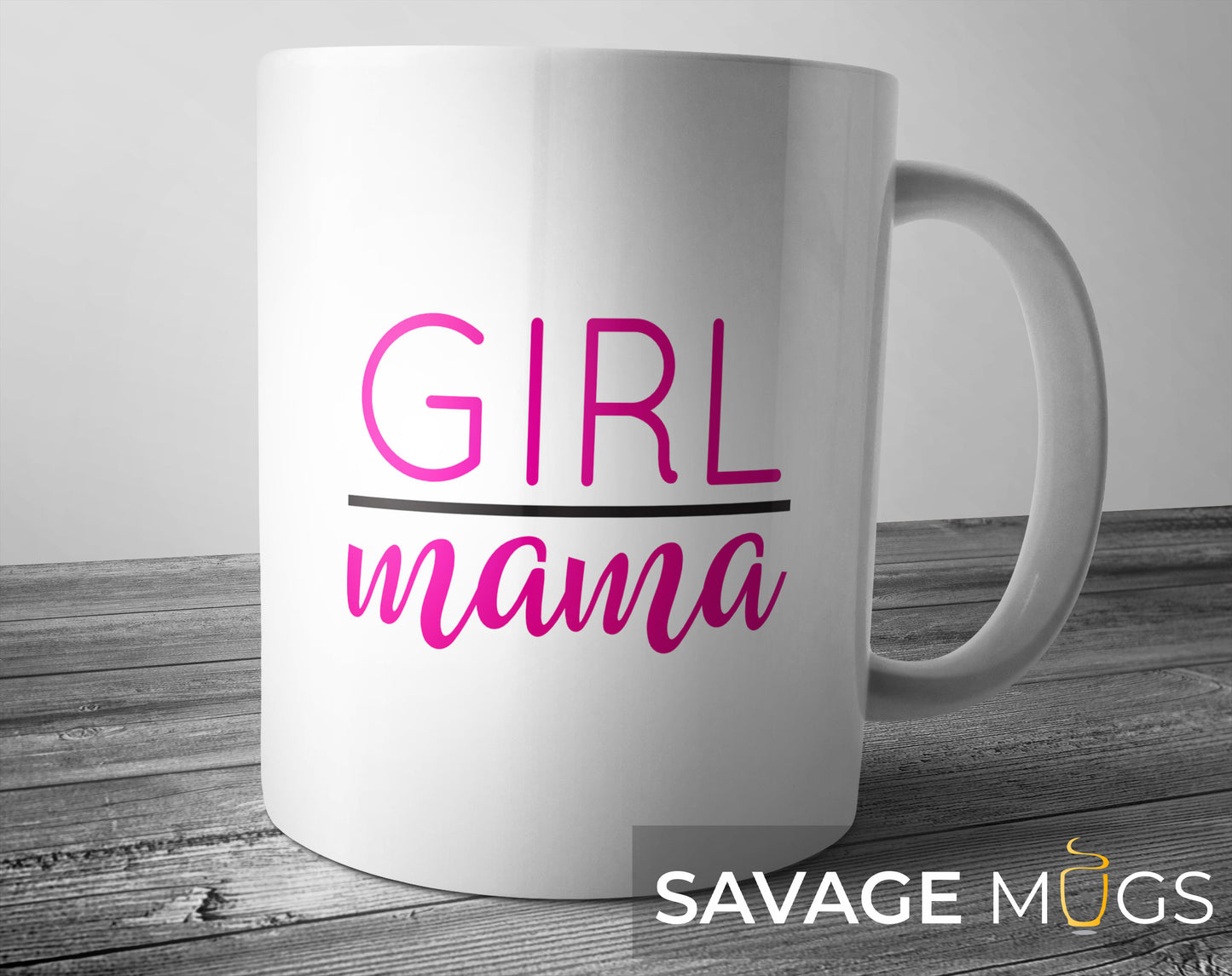 White ceramic mug with pink Girl Mama text design gift for moms of daughters