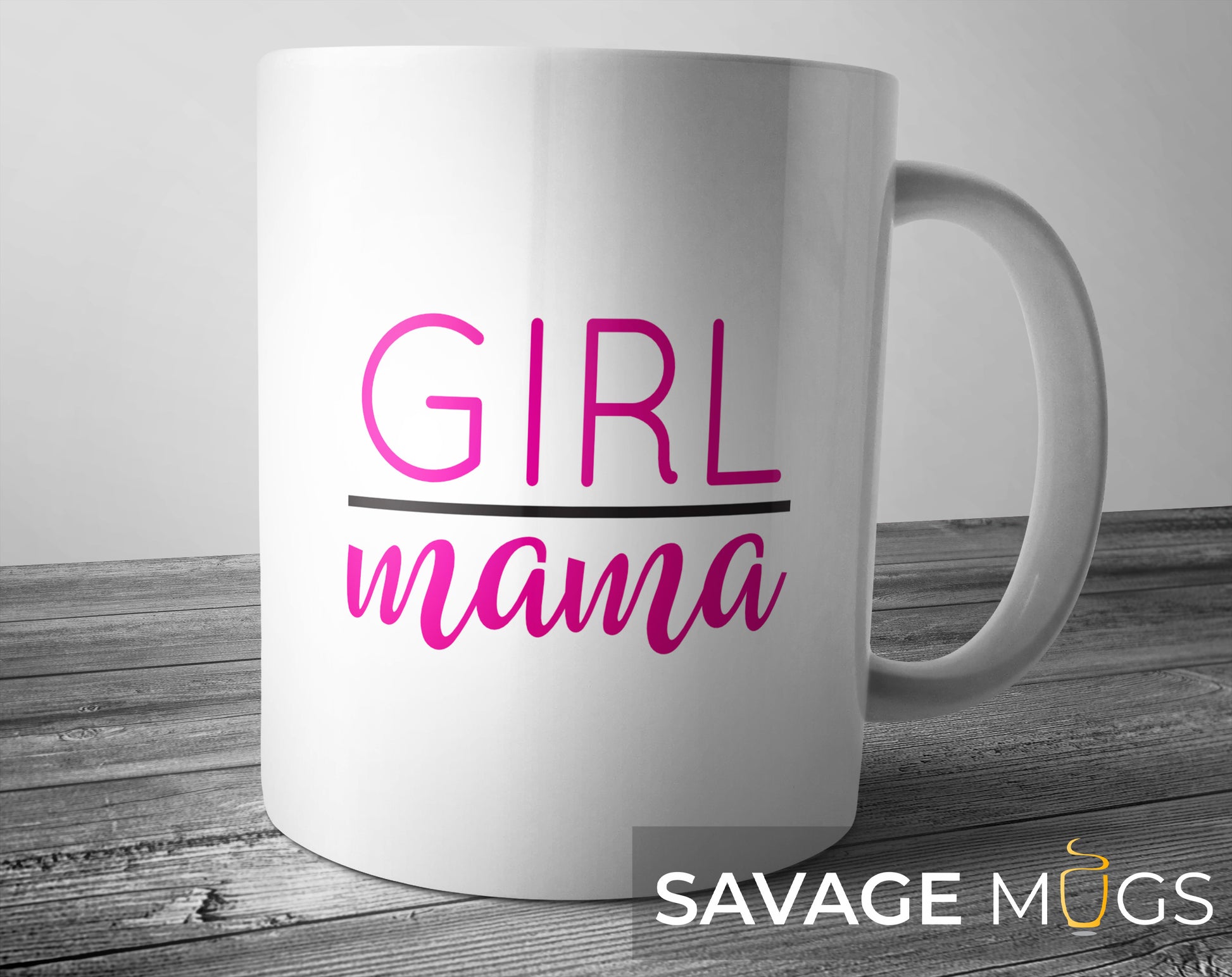 White ceramic mug with pink Girl Mama text design gift for moms of daughters