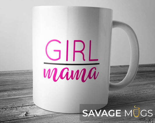 White ceramic mug with pink Girl Mama text design gift for moms of daughters