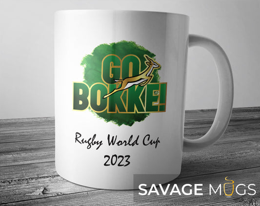 White ceramic mug with Go Bokke rugby supporter design celebrating South Africa Rugby World Cup 2023