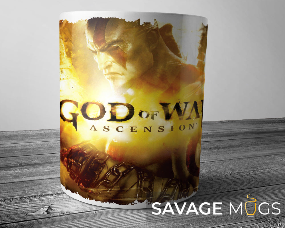 White ceramic mug with God of War inspired Kratos warrior gaming design