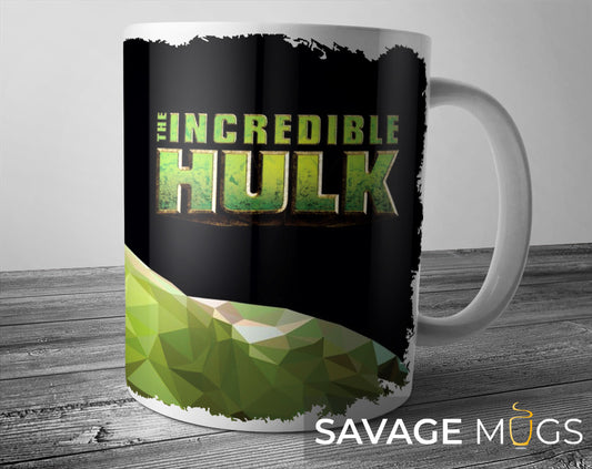 White ceramic mug with green giant superhero inspired comic style design