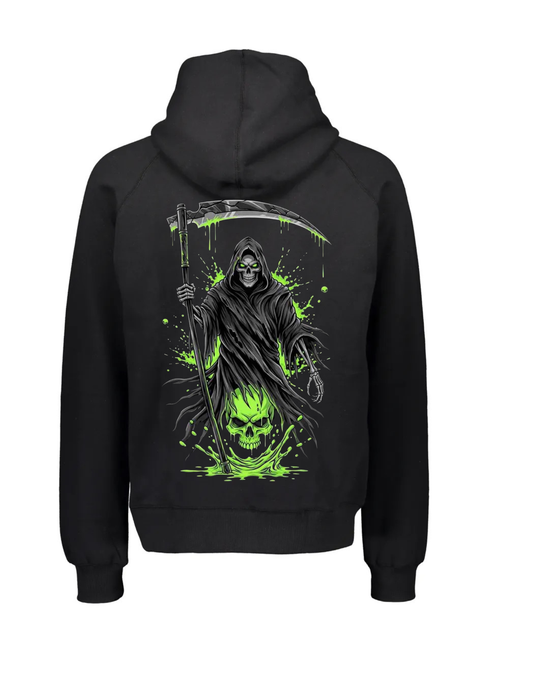 Black hoodie featuring a grim reaper with a scythe and glowing green skull graphic