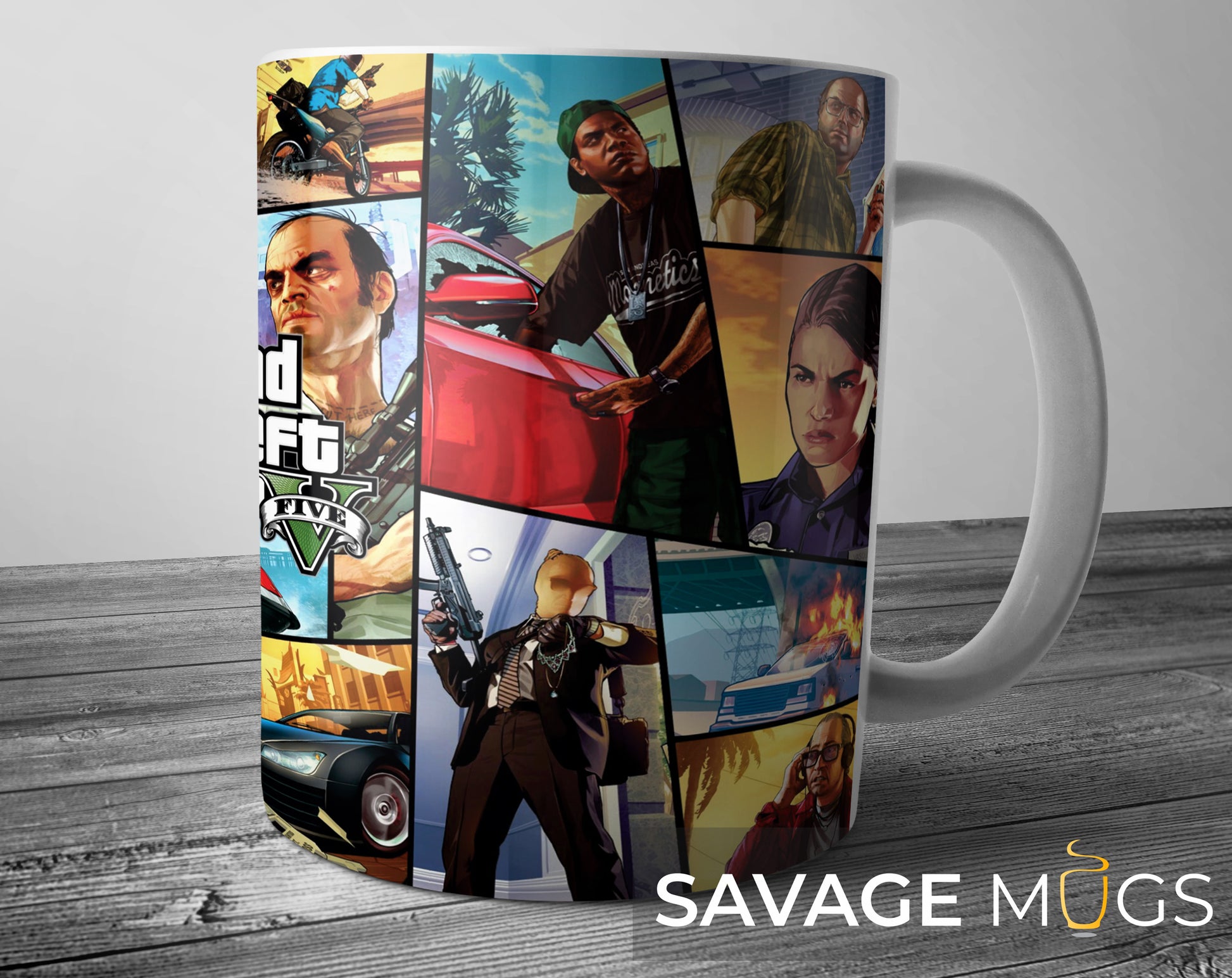White ceramic mug with GTA inspired open world gaming collage design
