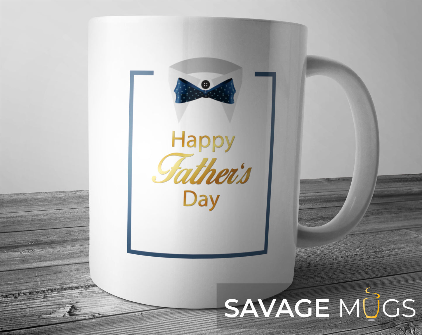 White ceramic mug with Happy Fathers Day text and bow tie shirt design