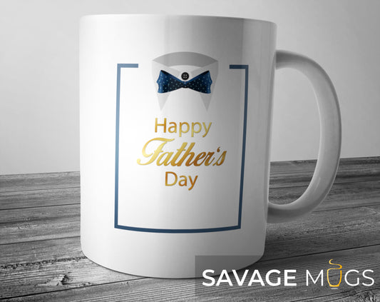 White ceramic mug with Happy Fathers Day text and bow tie shirt design