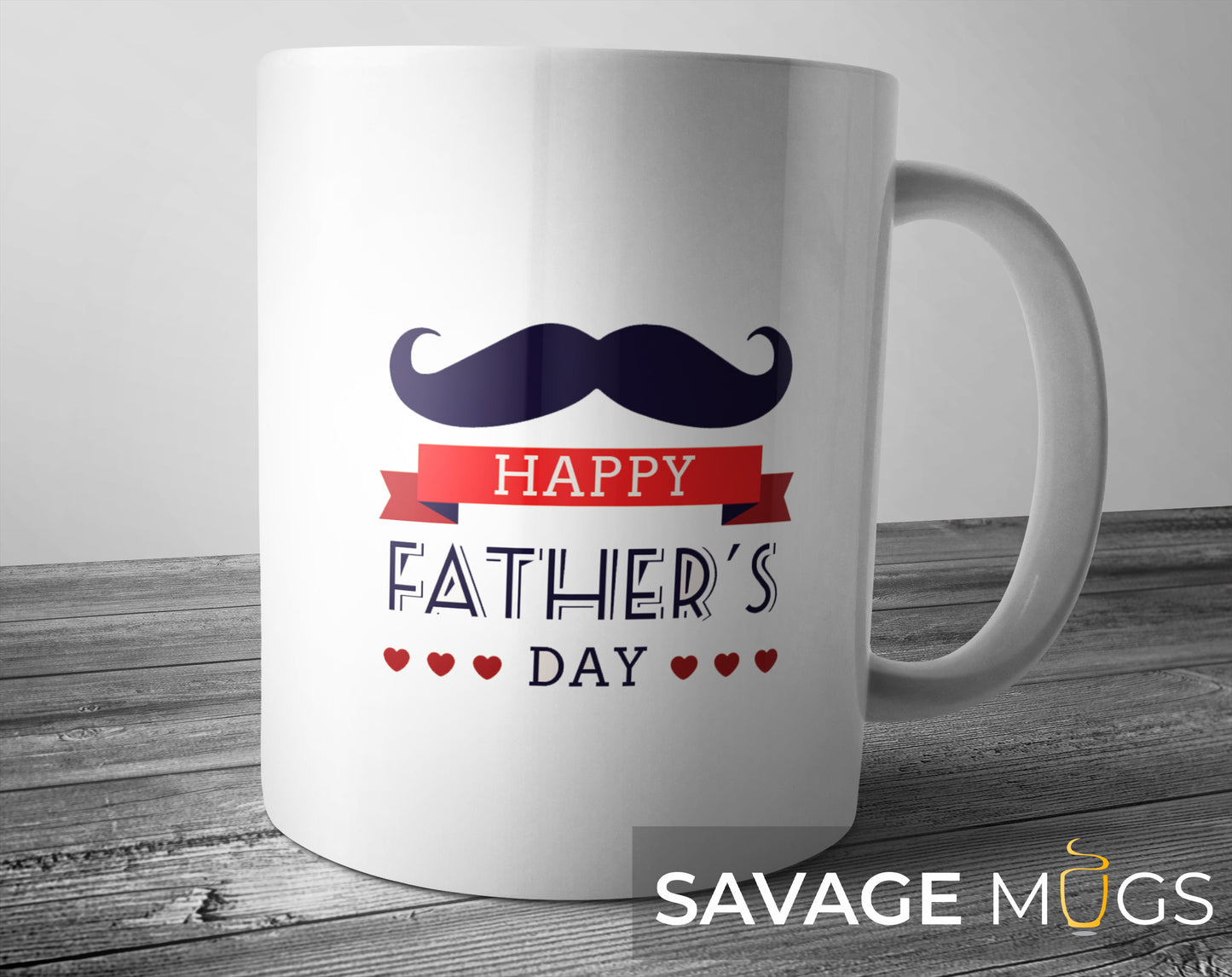 White ceramic mug with Happy Fathers Day quote and moustache design