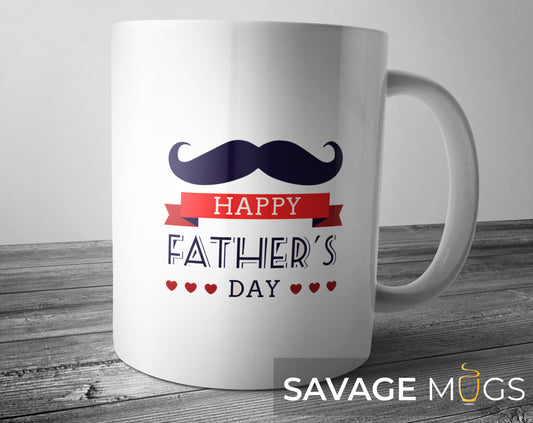 White ceramic mug with Happy Fathers Day quote and moustache design
