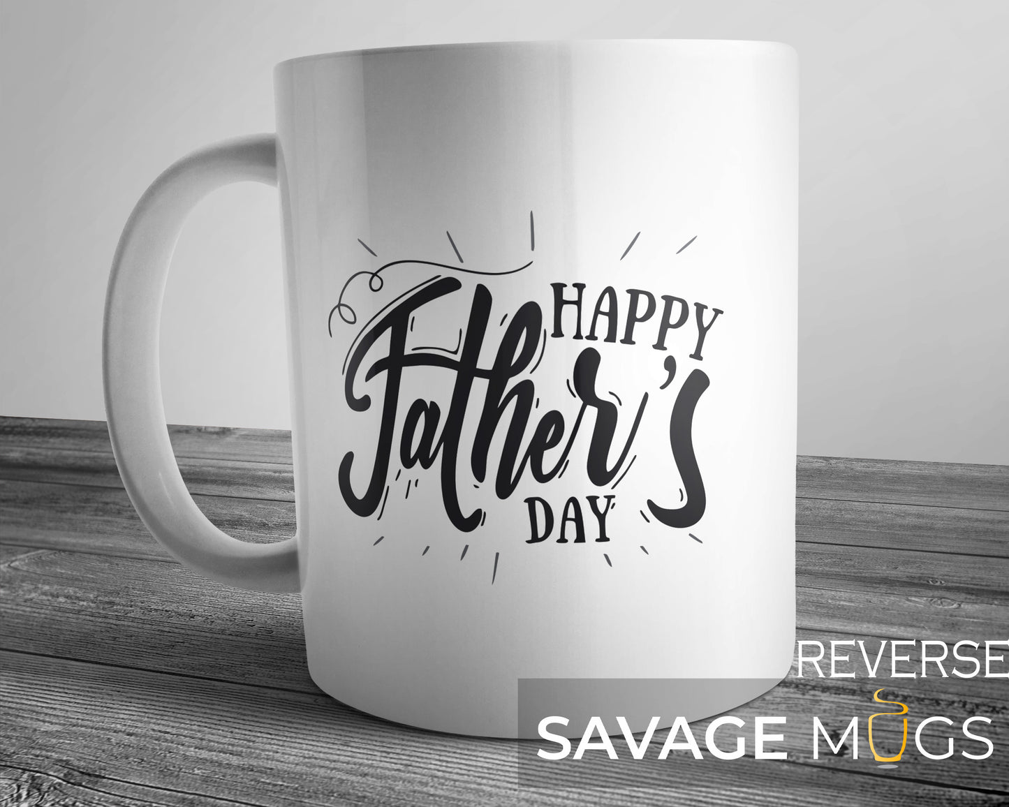 White ceramic mug with Happy Fathers Day script design