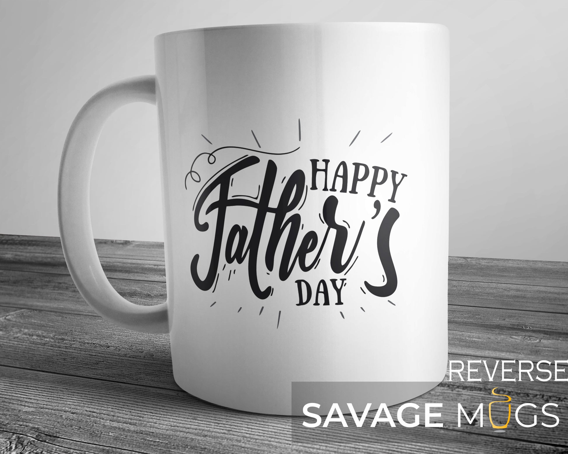 White ceramic mug with Happy Fathers Day script design