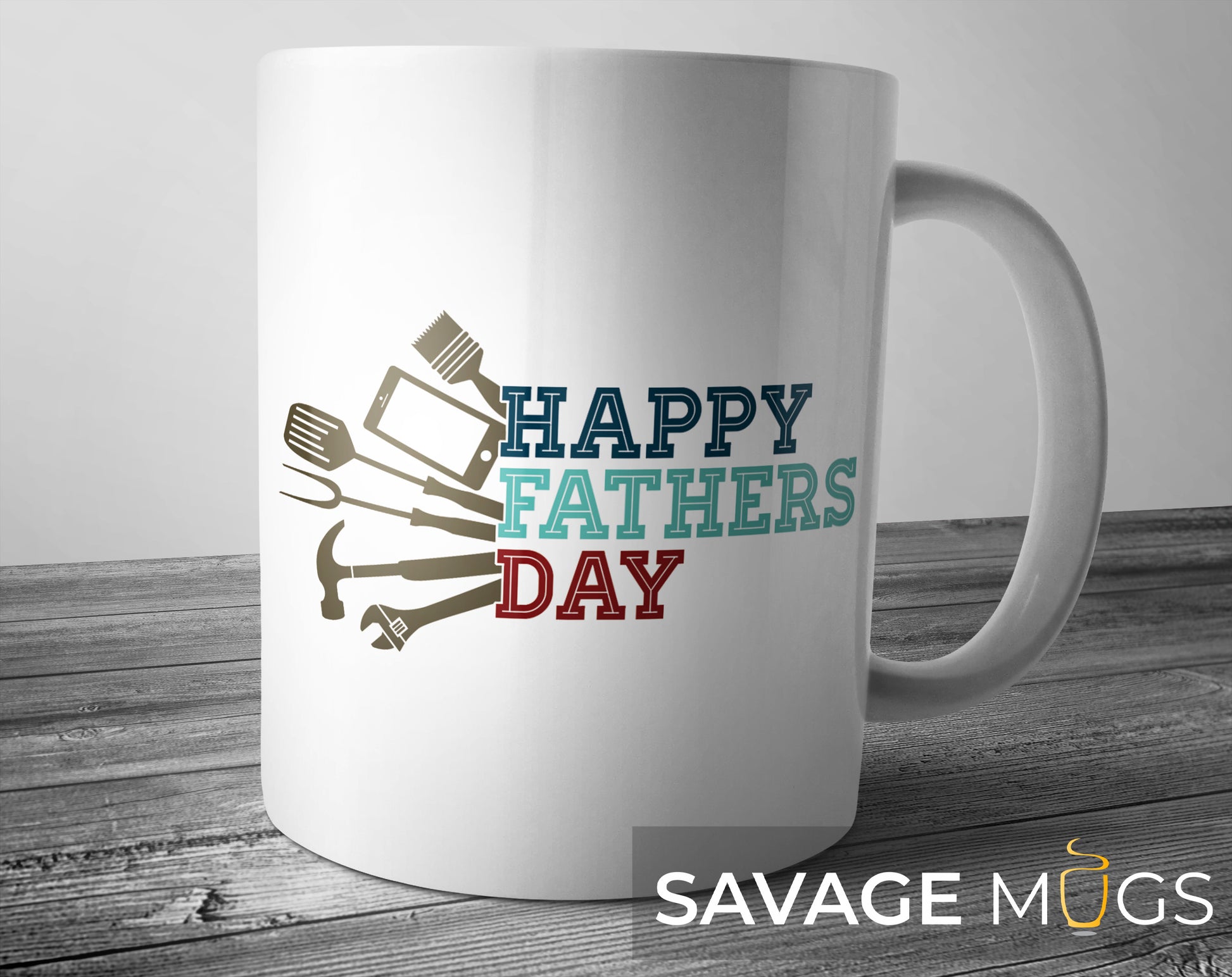 White ceramic mug with Happy Fathers Day tool design
