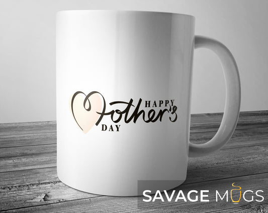 White ceramic mug with Happy Mother’s Day text and heart design gift for mom