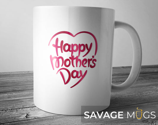 White ceramic mug with pink Happy Mother’s Day heart lettering design gift for mom