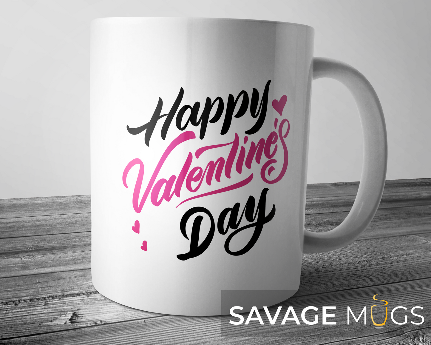 White ceramic mug with Happy Valentine’s Day text and heart design