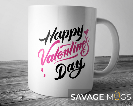 White ceramic mug with Happy Valentine’s Day text and heart design
