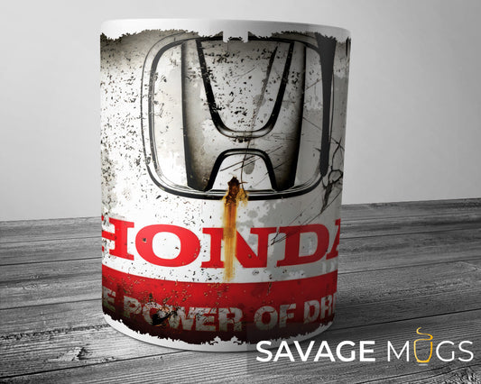 White ceramic mug featuring Honda logo with vintage grunge automotive design