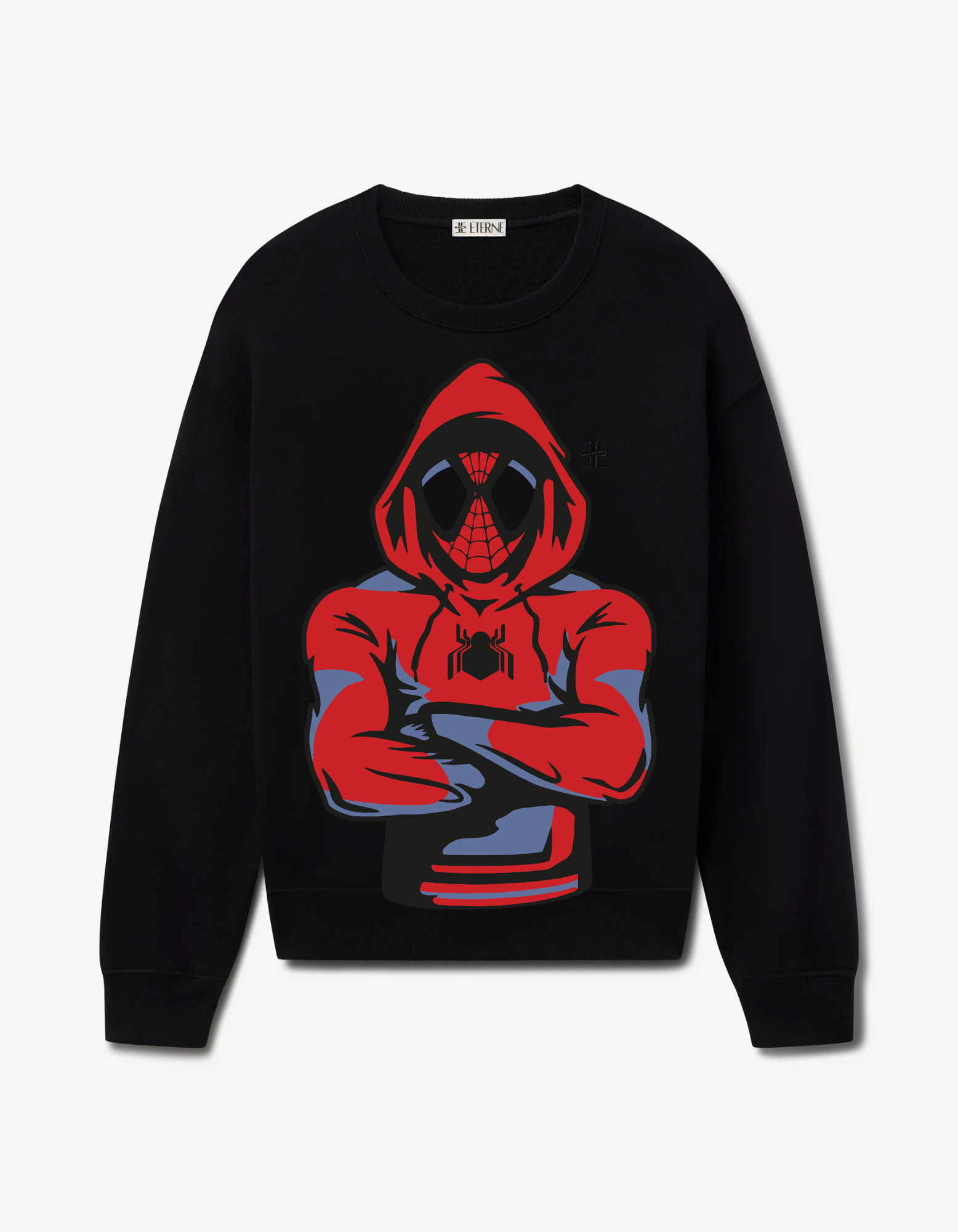 Black sweatshirt featuring a hooded spider-themed superhero with crossed arms design