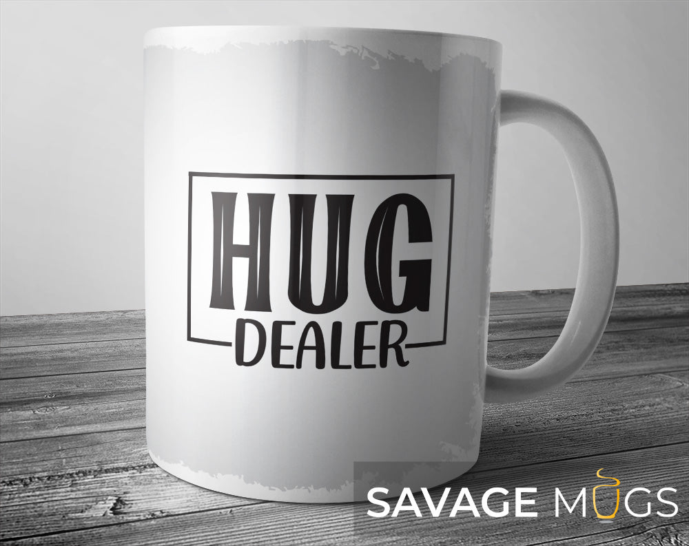 White ceramic mug with Hug Dealer text design