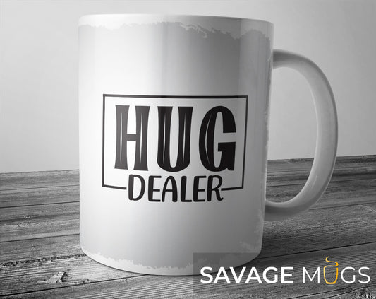 White ceramic mug with Hug Dealer text design