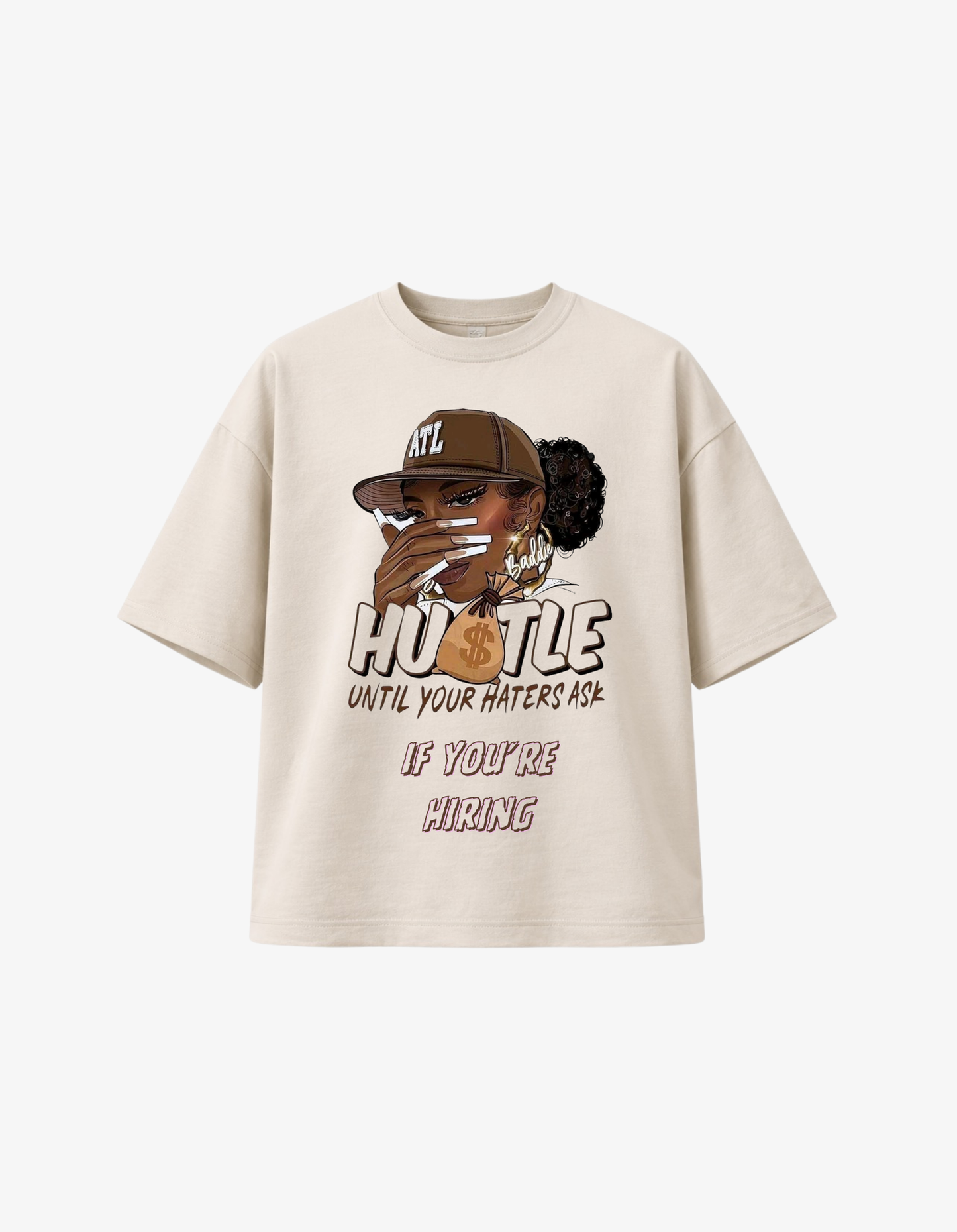 Beige 300 GSM boxy fit T-shirt with hustle motivational graphic and quote printed in South Africa