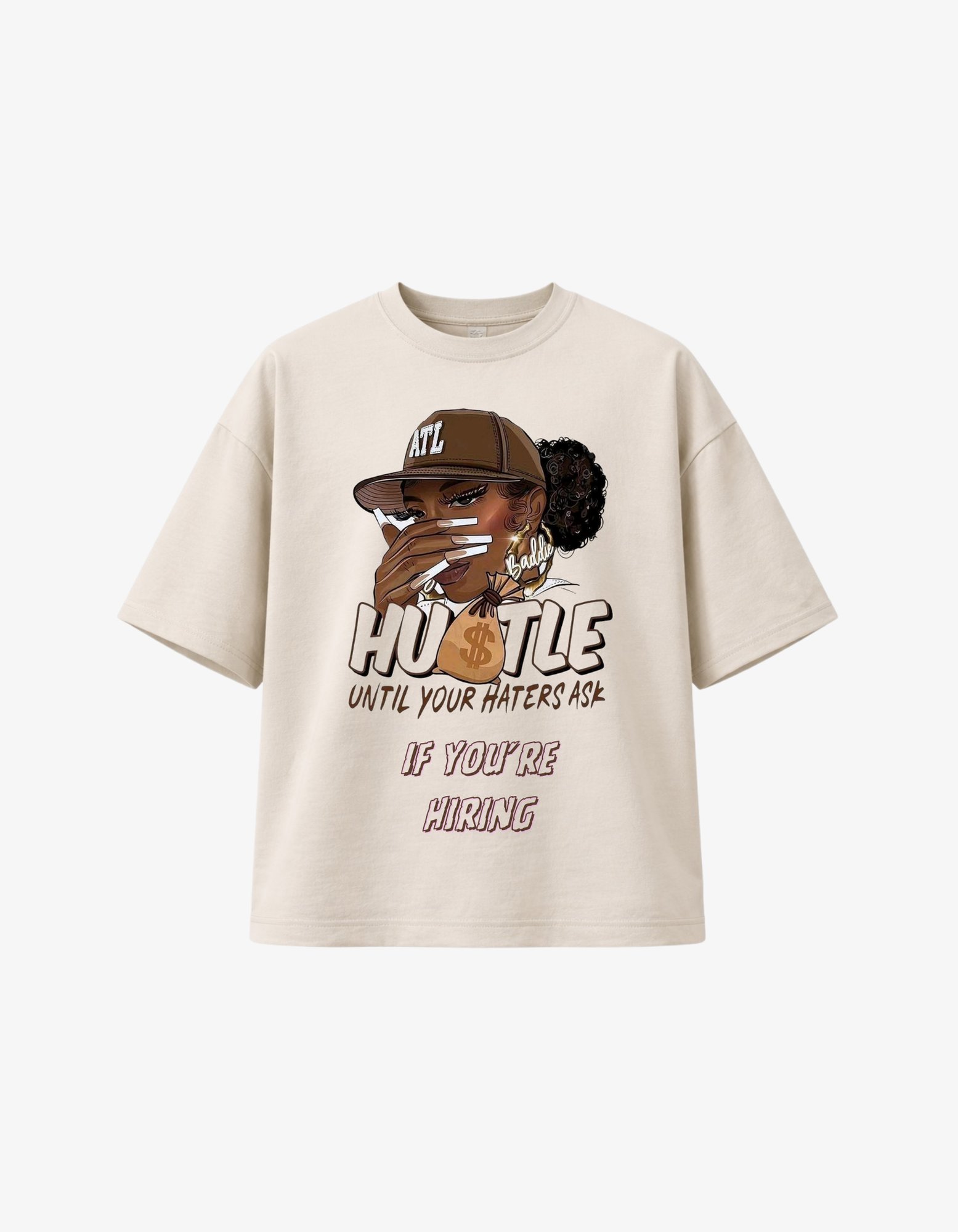 Beige 300 GSM boxy fit T-shirt with hustle motivational graphic and quote printed in South Africa