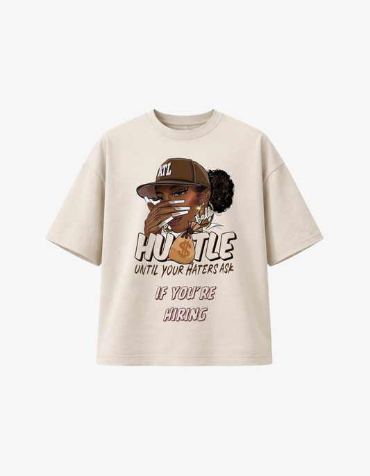 Beige 300 GSM boxy fit T-shirt with hustle motivational graphic and quote printed in South Africa