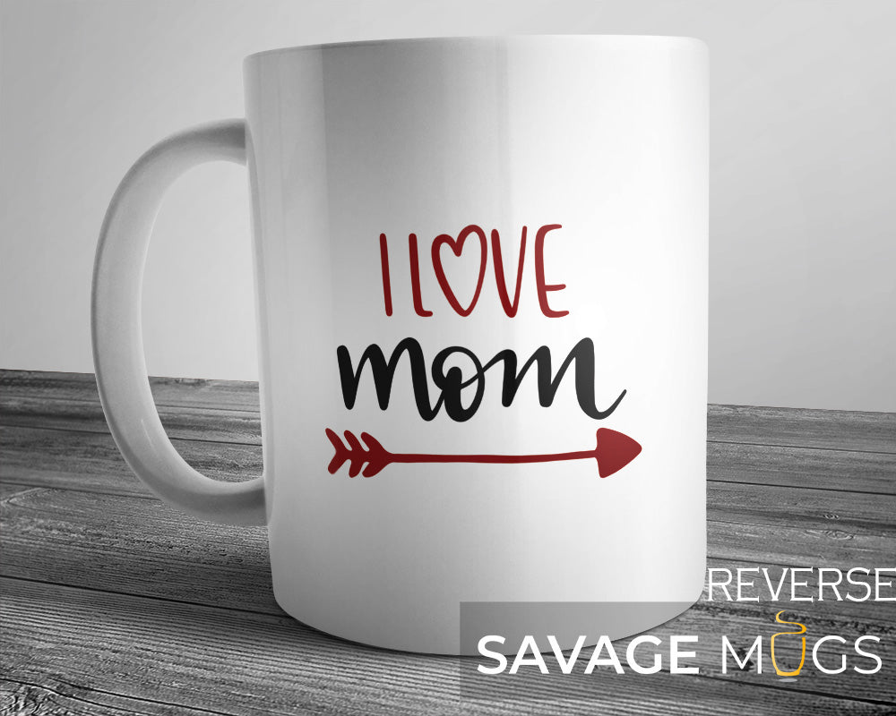 White ceramic mug with I Love Mom text and heart arrow design gift for mom
