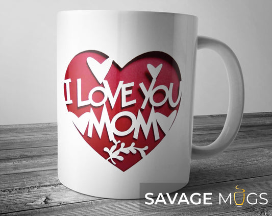 White ceramic mug with red heart and I Love You Mom text design gift for mom