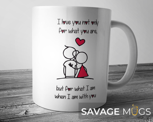 White ceramic mug with romantic couple illustration and meaningful love quote