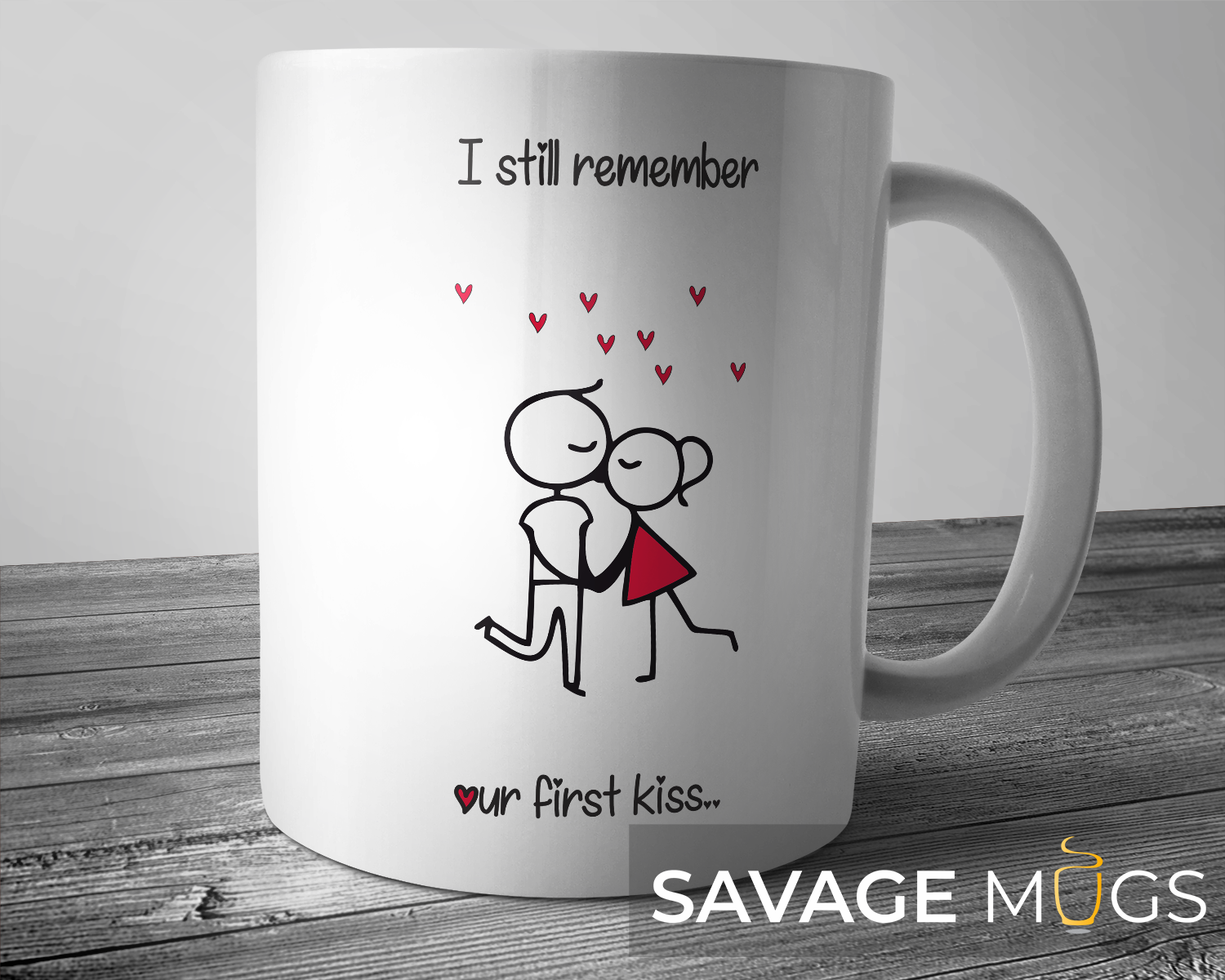 White ceramic mug with couple illustration and I Still Remember Our First Kiss text