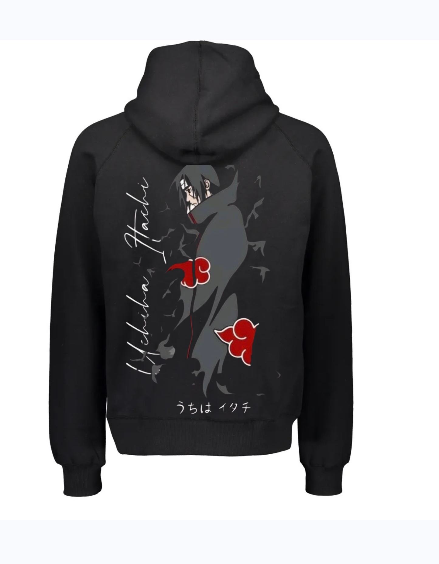 Black hoodie featuring Itachi Uchiha anime design with Akatsuki clouds and Japanese text