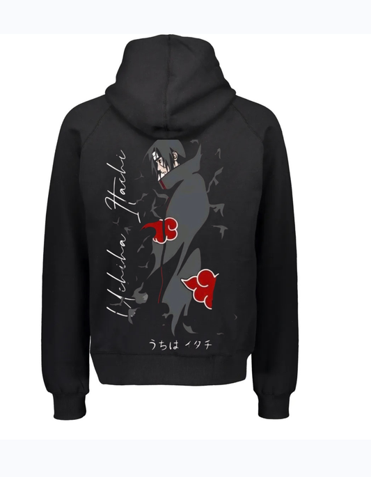 Black hoodie featuring Itachi Uchiha anime design with Akatsuki clouds and Japanese text