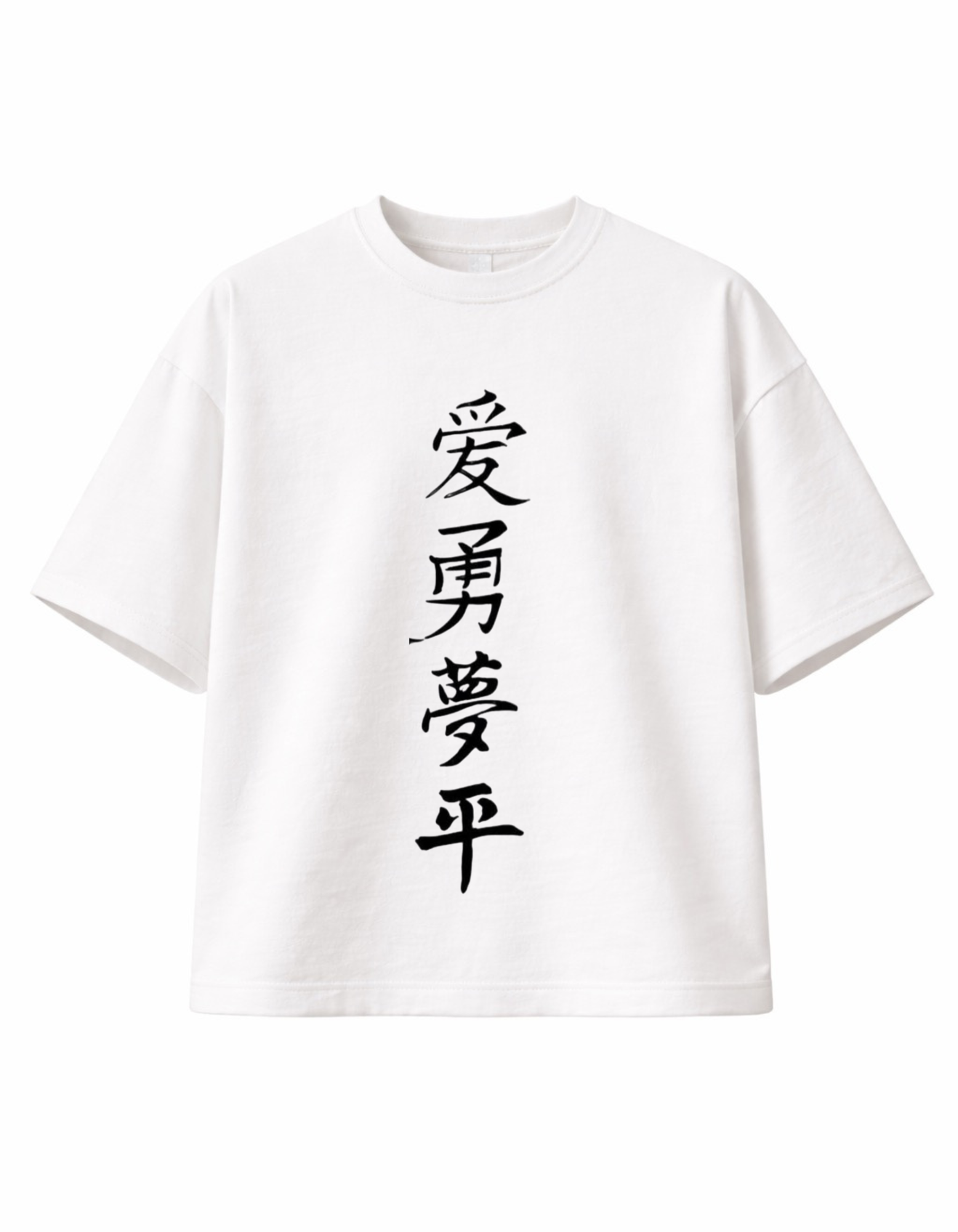 White boxy t-shirt featuring Itachi anime design with red Sharingan eye and Japanese kanji text