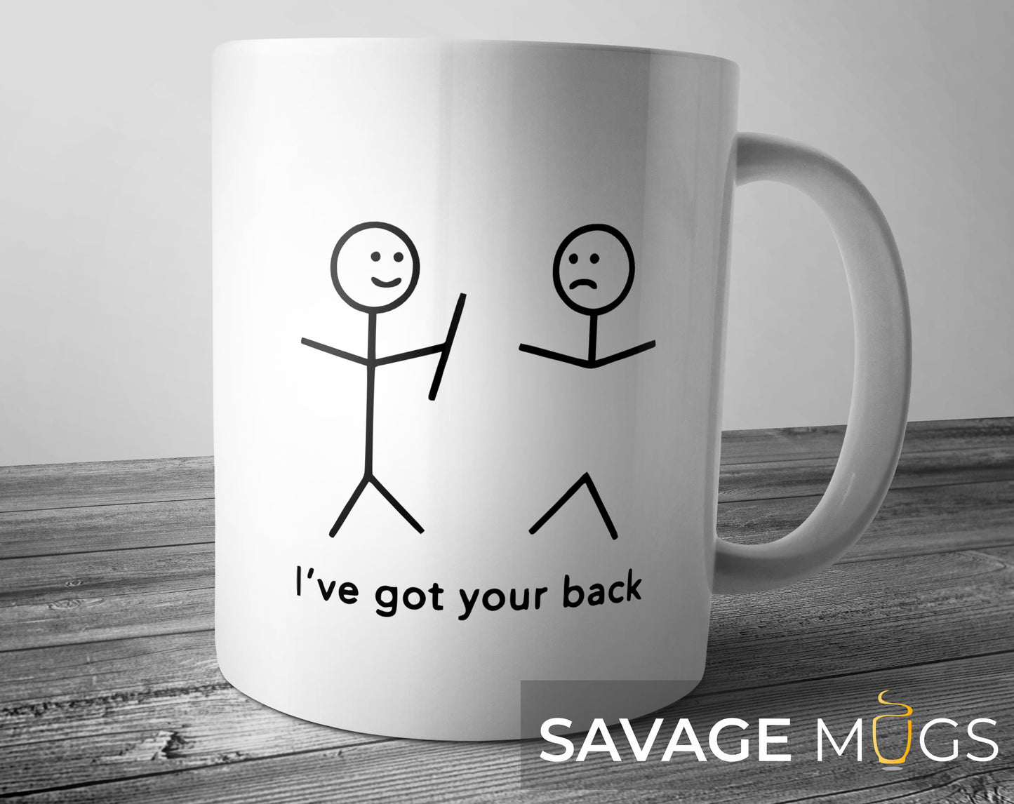 White ceramic mug with funny stick figure Ive got your back design