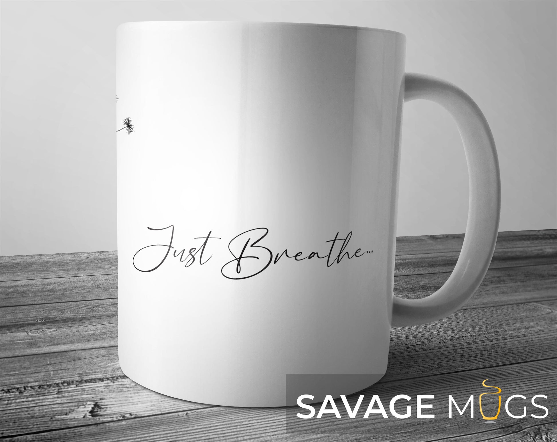 White ceramic mug with Just Breathe inspirational quote
