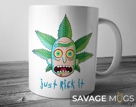 White ceramic mug with funny sci-fi cartoon scientist and “Just Rick It” quote