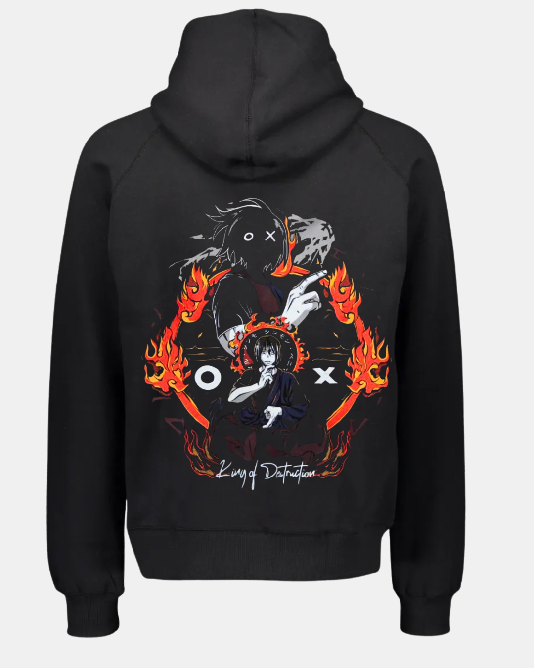 Black anime hoodie with fiery circle design and “King of Destruction” character graphic