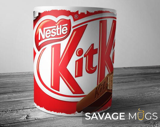 White ceramic mug with chocolate bar style candy design