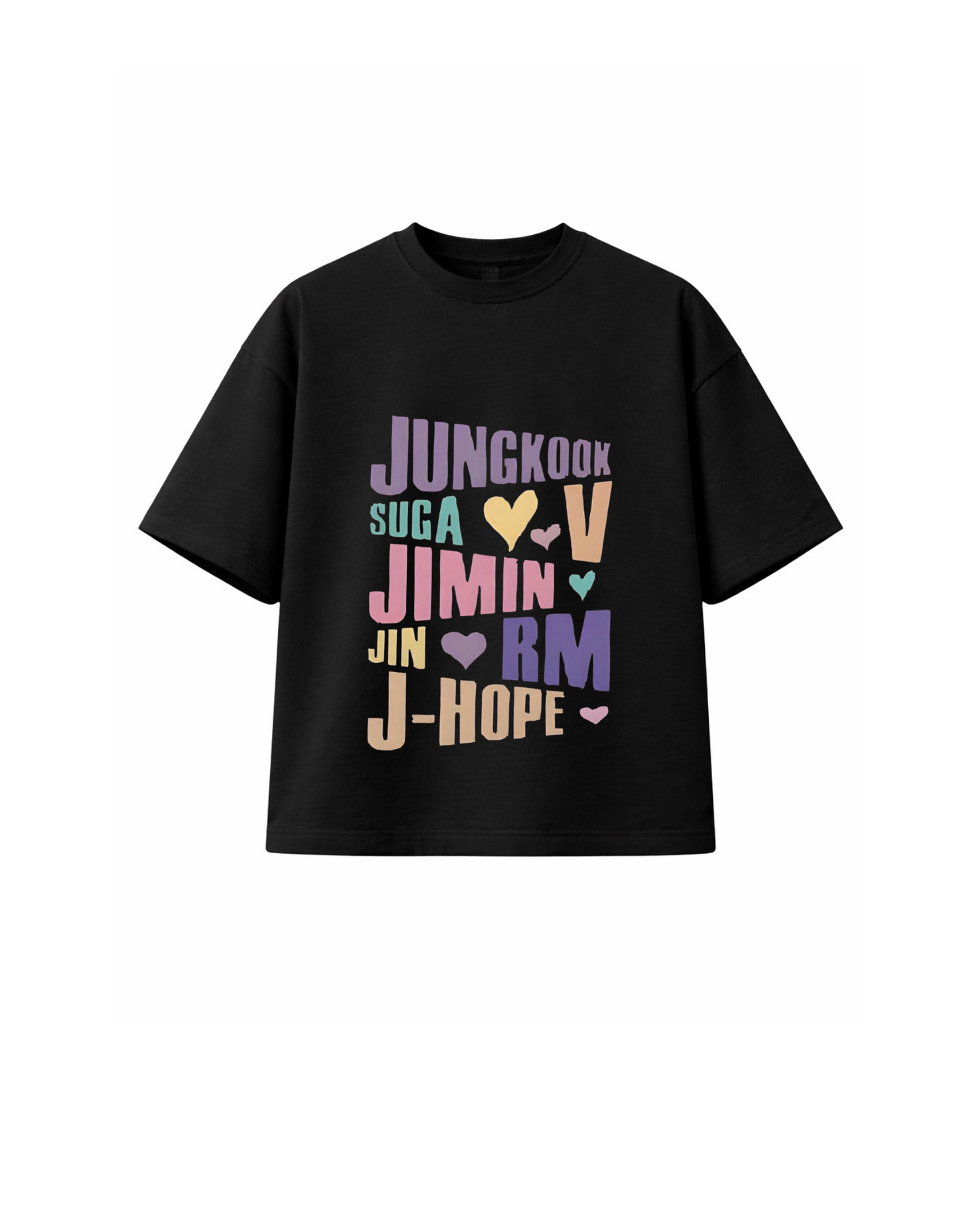 Black heavyweight boxy T-shirt with colourful K-pop fan names graphic design