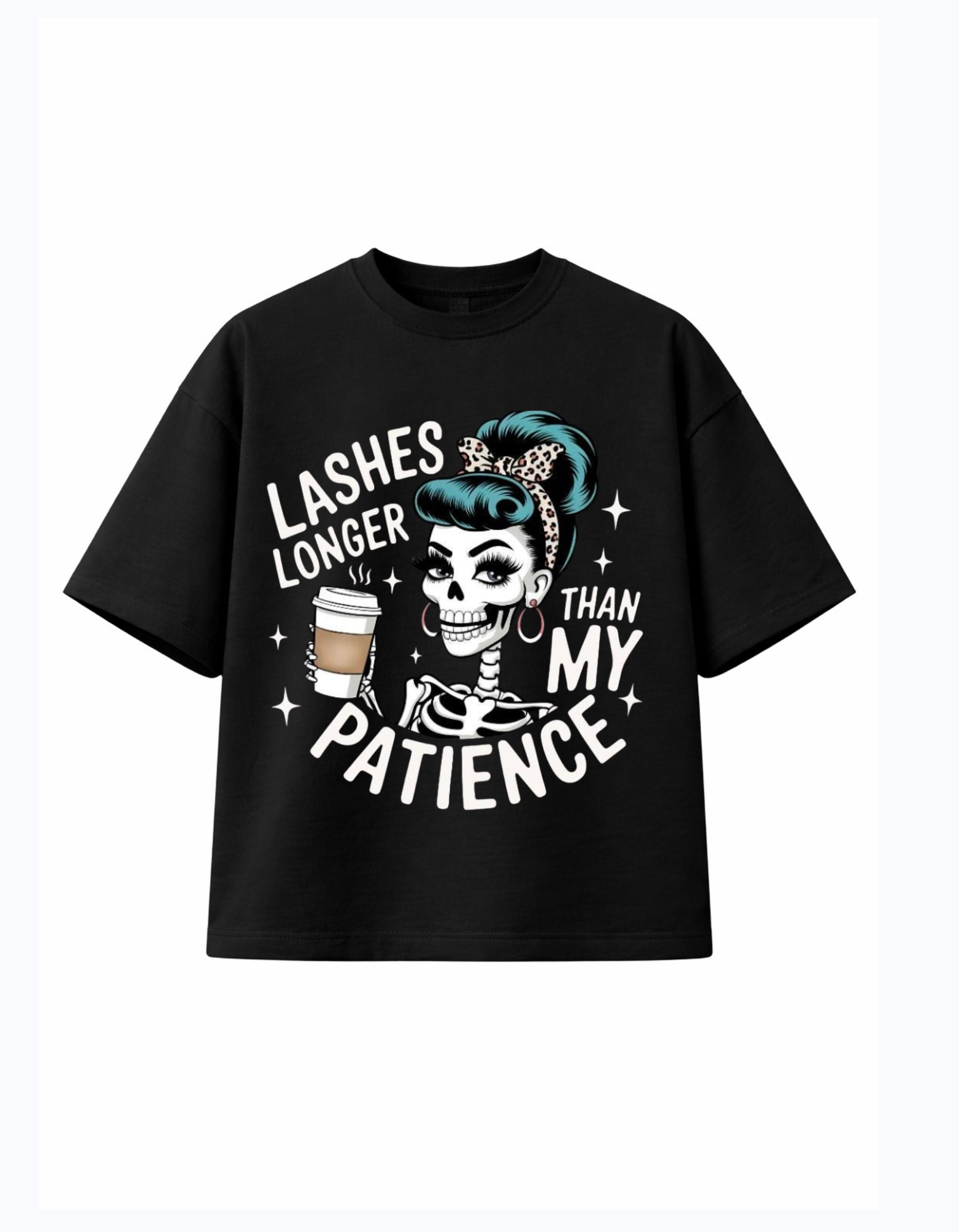 Black 300 GSM boxy cotton t-shirt with skull graphic and funny quote design