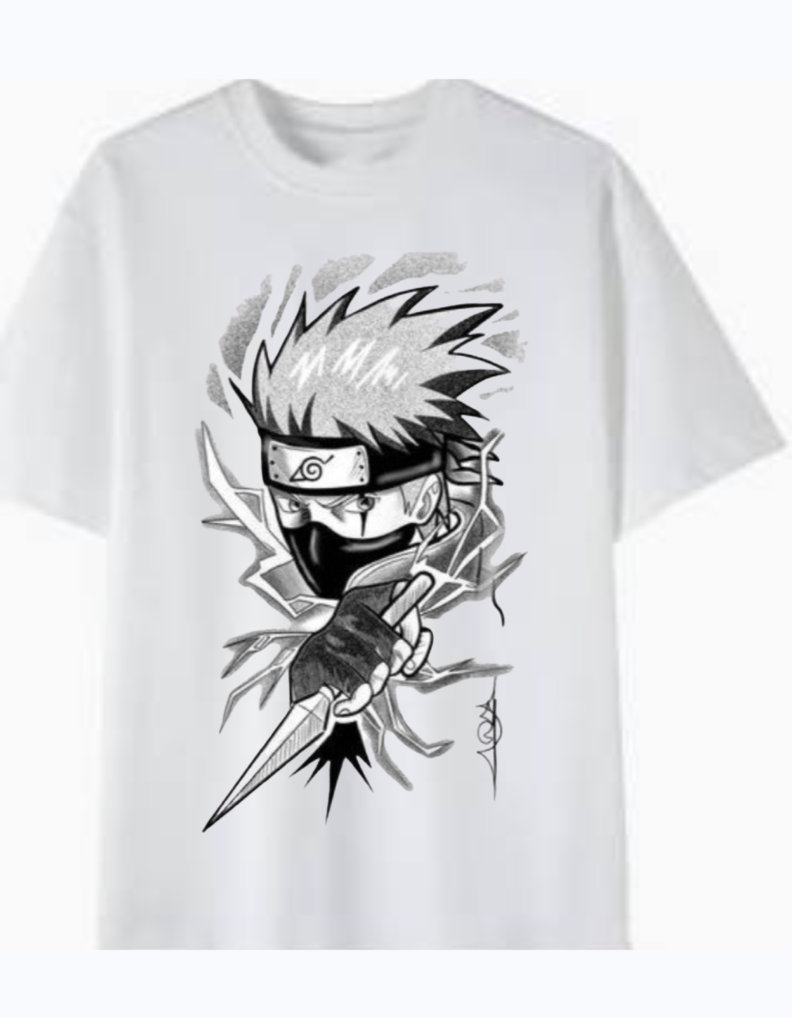 White 180GSM cotton T-shirt featuring black and white anime ninja with lightning effect design