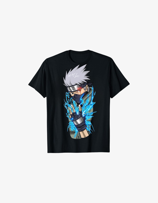 Black anime T-shirt featuring lightning ninja warrior graphic with electric energy effects