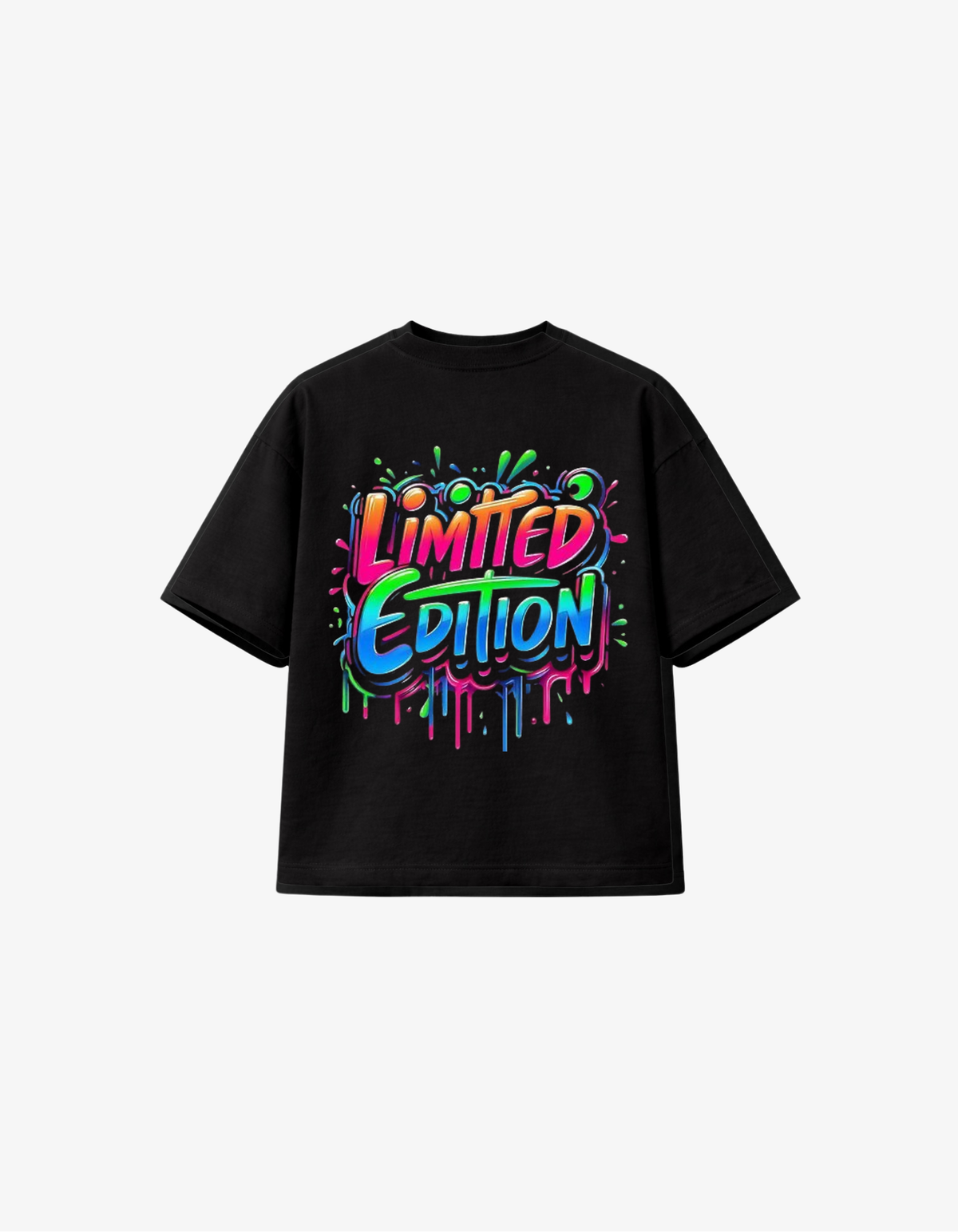 Black 300 GSM boxy fit T-shirt with colourful neon “Limited Edition” graffiti drip design printed in South Africa