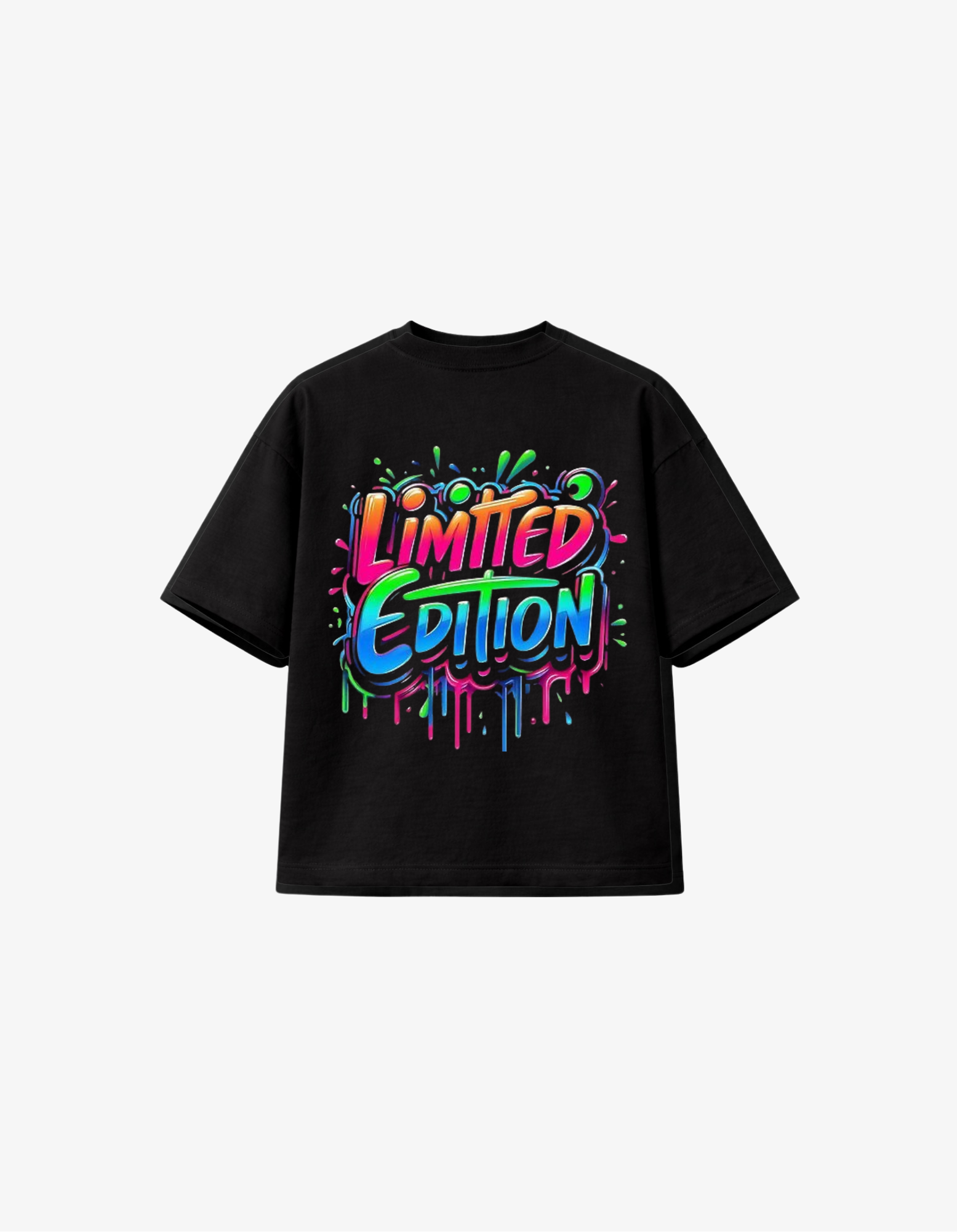Black 300 GSM boxy fit T-shirt with colourful neon “Limited Edition” graffiti drip design printed in South Africa