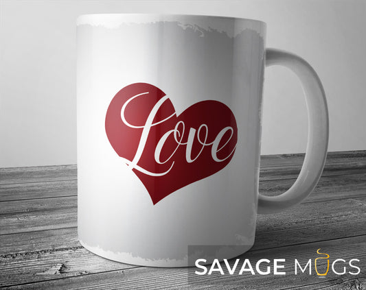 White ceramic mug with red heart and Love text design