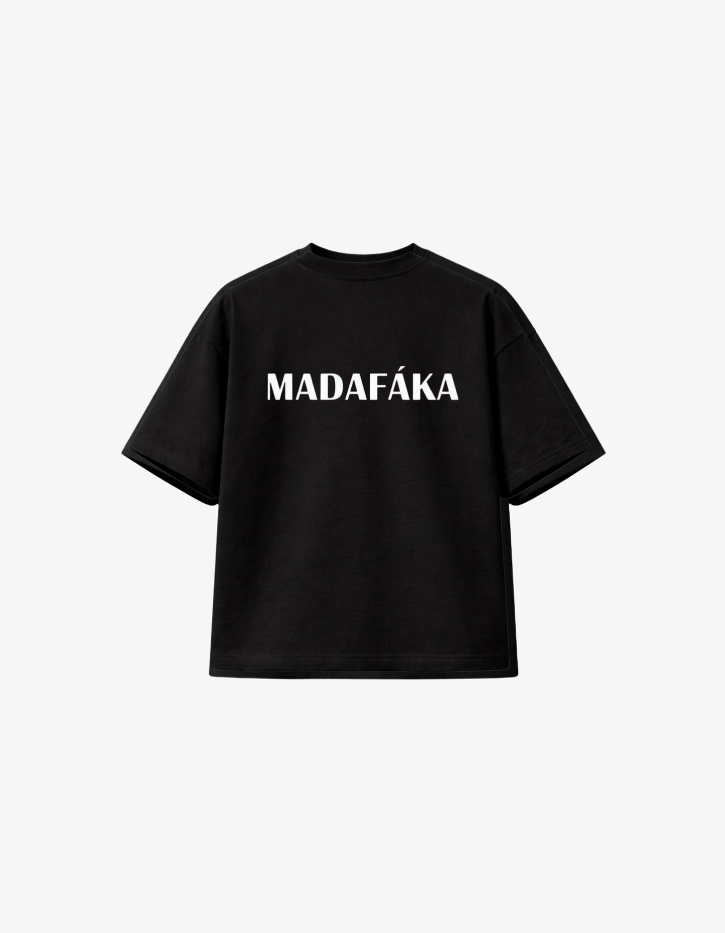 Black 300 GSM boxy fit T-shirt with minimalist Madafaka meme typography graphic printed in South Africa